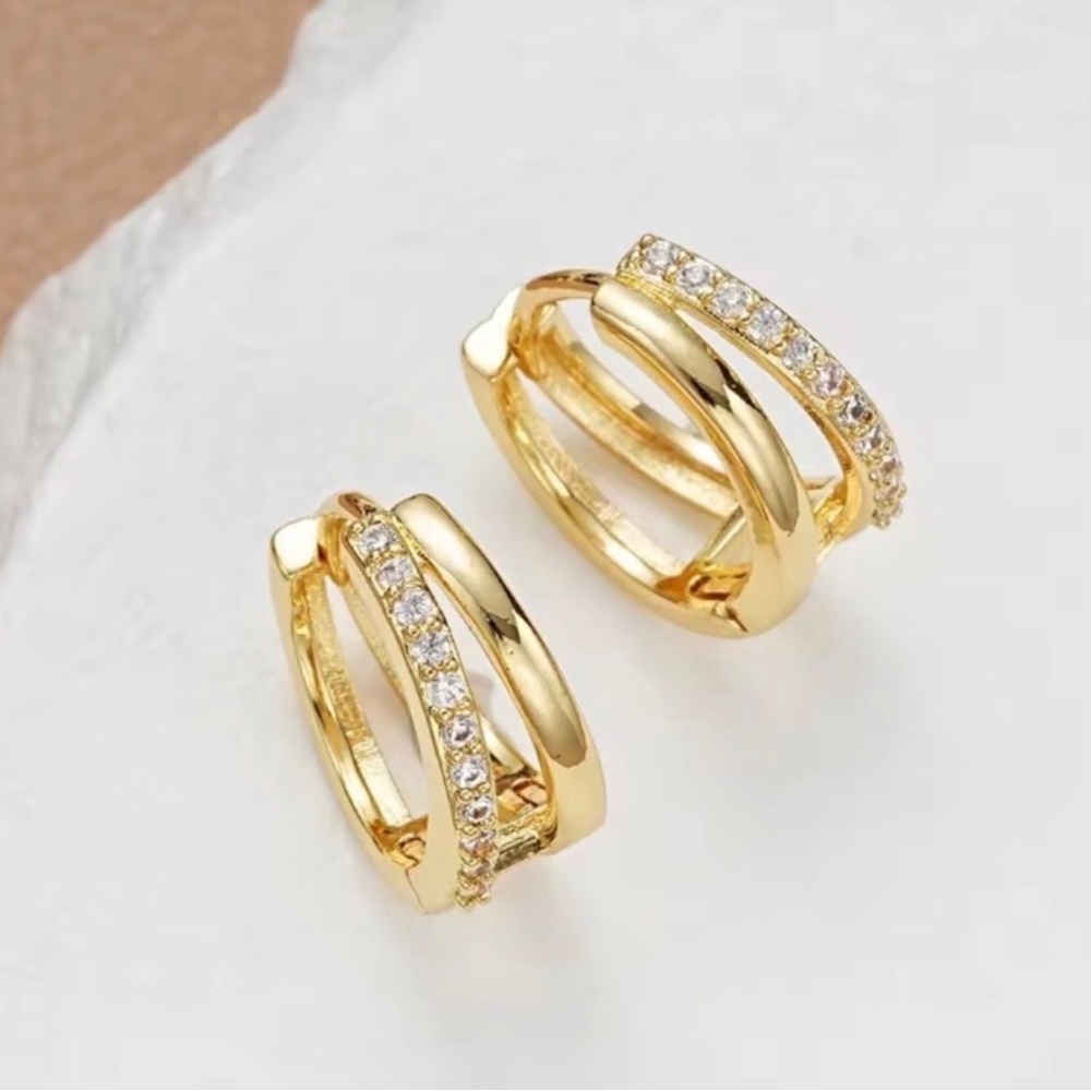 Gold Crystal Double-Band Hoop Earrings.
